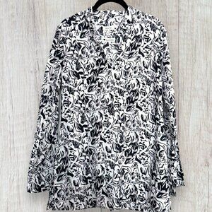 MALVIN Linen Lagenlook Black White Floral Fitted Tunic Style Top Blouse Womens M